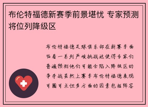 布伦特福德新赛季前景堪忧 专家预测将位列降级区