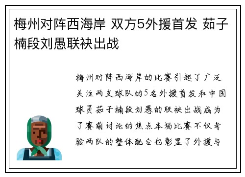 梅州对阵西海岸 双方5外援首发 茹子楠段刘愚联袂出战